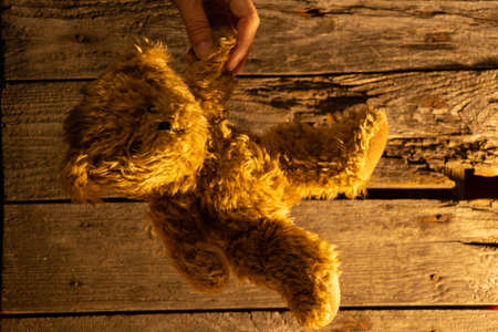 teddy brown bear on a wooden background with the light of a lamp on a wooden backgroundの写真素材
