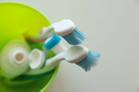 blue toothbrushes on isolated white background close upの写真素材