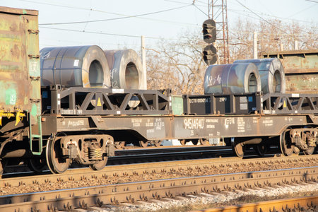 Ukraine Dnipro 10.12.2020 - A rolled steel coil on a freight train transports a Ukrainian train across Ukraine to the cities of Dnipro, a freight trainのeditorial素材