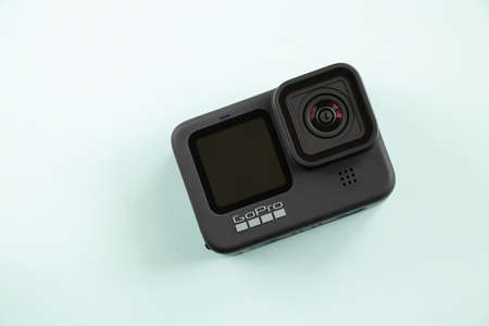 Ukraine Dnipro 01/06/2021 - Camera Go pro 9 lies on an isolated background, a review of the new action cameraのeditorial素材