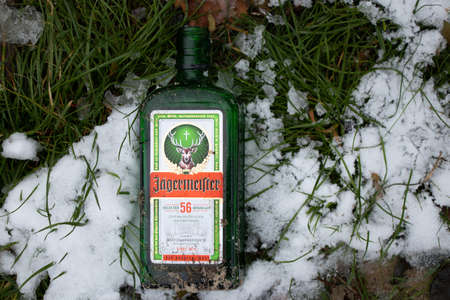 Ukraine Dnipro 23.11.2020 - an empty bottle of jagermeister lies on the snow on the grass in the forest in autumn, rest in natureのeditorial素材