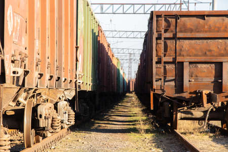 old rusty freight railway train in Ukraine in the city of Dnipro by day