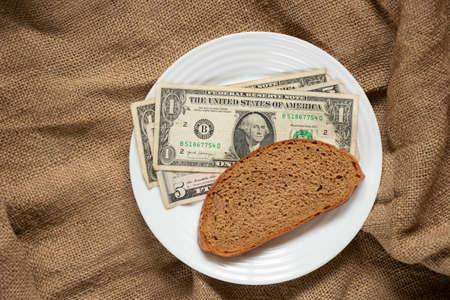 American dollar and a slice of black bread on a white plate on sacking, the price of breadの写真素材