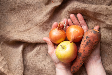 onions, carrots and apple dirty in the hands of grandmother on the table, harvest, vegetables and fruitsの写真素材