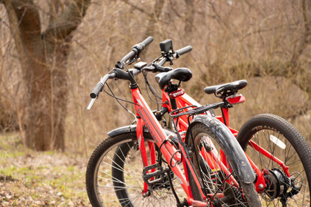 Ukraine Dnepr 06.04.2021 - a new red electric bike in the park in the spring in the sun, a bike rideのeditorial素材