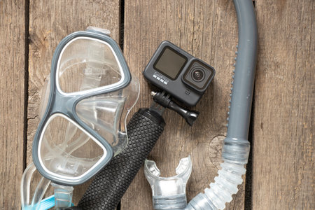 Ukraine Dnepr 20.04.2021 - GoPro HERO 9 Black and Snorkel Mask, Vacation Preparationのeditorial素材