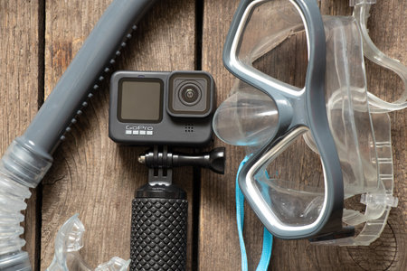 Ukraine Dnepr 20.04.2021 - GoPro HERO 9 Black and Snorkel Mask, Vacation Preparationのeditorial素材