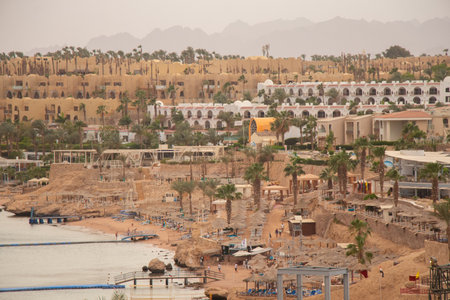egypt sharm el sheikh coastline with hotels against blue sky, red sea coastの写真素材