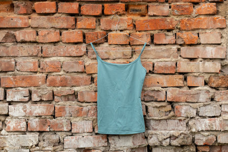 women's underwear blue t-shirt hangs on hangers on a brick old wall at home on the street, women's fashionの写真素材