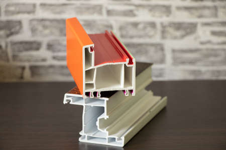 aluminum window frame as a sample, sectional window, painted window profile from the factoryの写真素材