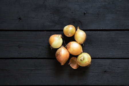 onions are on a black wooden board, onions are on the tableの写真素材