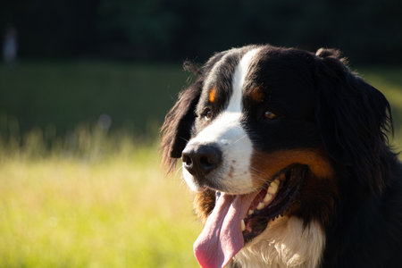 bernese mountain dog in the park in the summer for walks in ukraine, purebred dog, training dogの写真素材