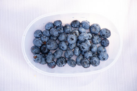 blueberries in a plastic box on a tablecloth in the sun outside, blueberriesの写真素材