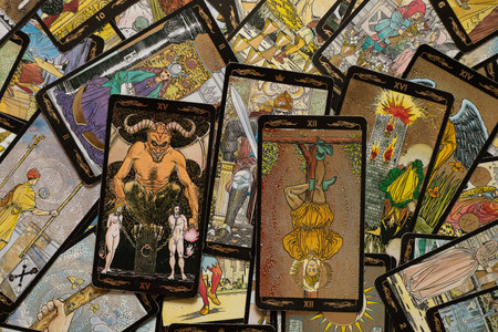 Ukraine Dnipro 08/25/2021 - Divination tarot cards on the table as a background, divination by tarot cards, magic and witchcraftのeditorial素材