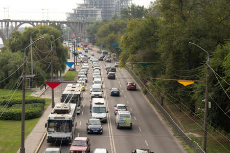 Ukraine Dnipro 08/31/2021 - in the morning I drive in a car along the central street of the Dnipro city, Dnipro city, city morning traffic jams, city centerのeditorial素材