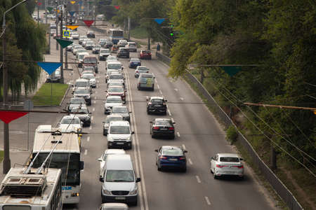 Ukraine Dnipro 08/31/2021 - in the morning I drive in a car along the central street of the Dnipro city, Dnipro city, city morning traffic jams, city centerのeditorial素材
