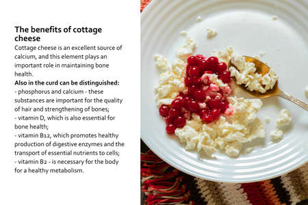 cottage cheese on a plate and next to a white background text with a description of the benefits of vorog, home trog and next to an articleの写真素材