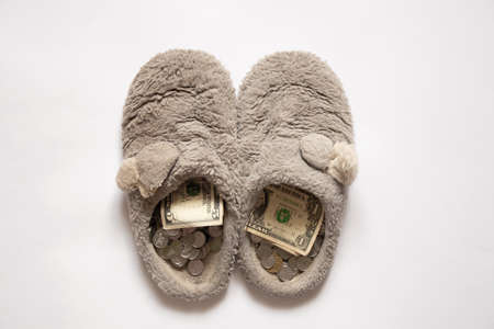 pennies and dollars lie in gray slippers on an isolated white background, money in shoes, financeの写真素材
