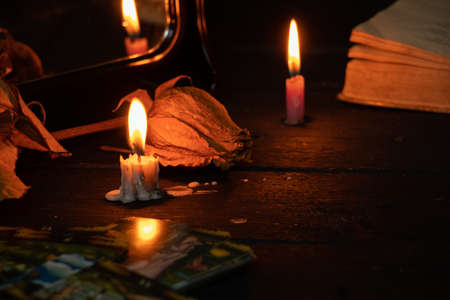 Ukraine Dnipro 08/25/2021 - Divination tarot cards on the table as a background, divination by tarot cards, magic and witchcraftのeditorial素材