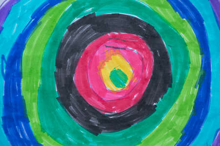 rainbow multicolored circles in the target view as a background, children's drawing, striped multicolored circlesの写真素材