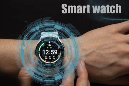 Ukraine Dnipro 11/30/2021 - Smart watch Samsung Galaxy Watch 4.40 mm on a woman's hand, technology, smart watch, watch on her handのeditorial素材