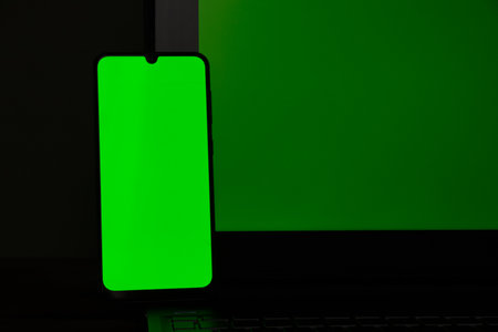 a phone with a green screen lies on a black laptop on a table, a phone template with a green screenの写真素材