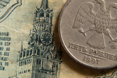 Russian rubles close-up. Financial sanctions against Russia. The collapse of the ruble. The Russian economy and the ruble. Crisis in Russia 2022, the country's economyの写真素材
