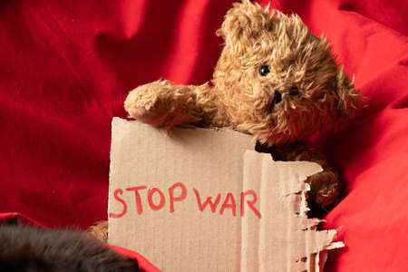 Stop the war is written on a sign that stands at home in Ukraine next to a teddy bear. Peace in...