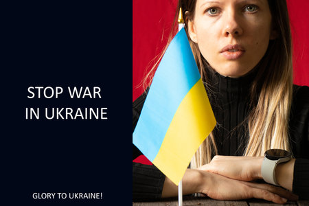 Text Stop the war in Ukraine and glory to Ukraine and a girl with the flag of Ukraine on a red background. War in Ukraine, protest action, civilians, freedom and peaceの写真素材