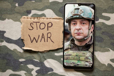 Ukraine Dnepr 01.04.2022 - Portrait of the President of Ukraine Volodymyr Zelensky in military...