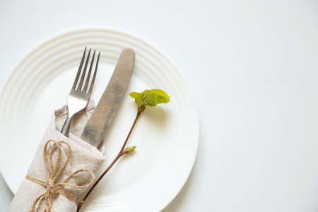 A knife and a fork lie in a white plate on a white background and next to it lies a branch from a tree with green leaves, table setting, restaurant businessの写真素材
