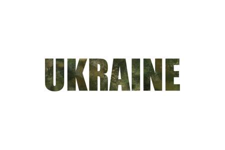 The word Ukraine in camouflage green on a white background, war in Ukraine, Ukrainian army 2022の写真素材
