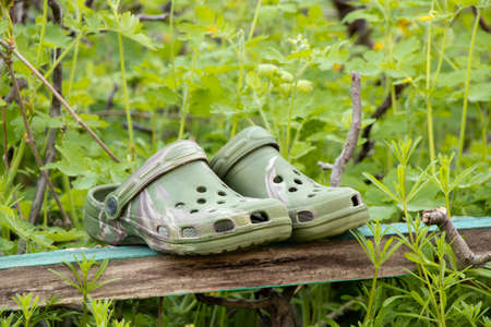 Plastic summer shoes for water and leisure camouflage on the grass on the wood in the summer in the...