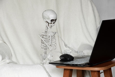 The skeleton sits on an armchair behind a laptop in an apartment, online work, overwork and stressの写真素材