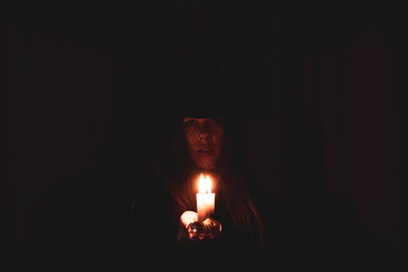 A girl in a witch's hat with a candle in her hands in the dark, a witch and a flame of a switch in the dark, halloween, magic and sorceryの写真素材