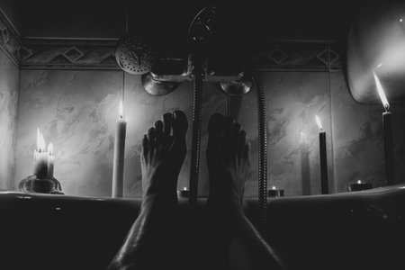 Feet in the bathroom without light by candlelight in a dark apartment in Ukraine, Ukraine without...