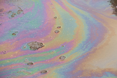 gasoline spilled on the road in a puddle of colorful waterの写真素材