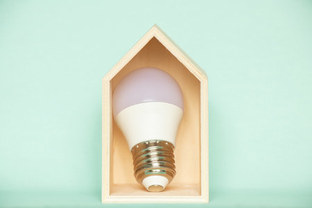 The LED light bulb lies in a small wooden house on a blue background, saving electricity in the houseの写真素材