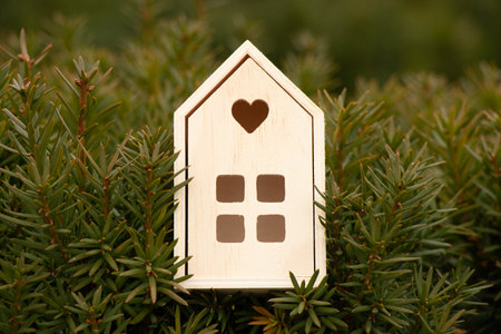 A small wooden house stands on a coniferous green tree in parks, a dream houseの写真素材