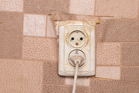 dirty outlet with a plug on the wall of a house