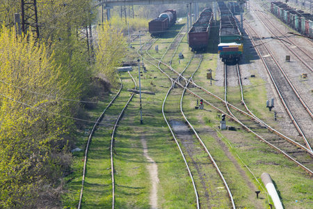 railway in Ukraine in spring with many tracks