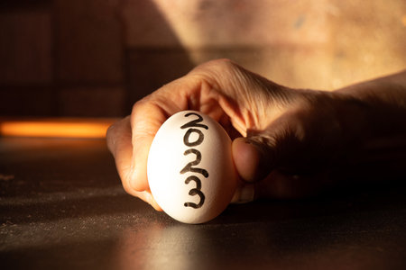 Female old hand holding an egg with the inscription 2023 in the kitchen at home, happy new year...