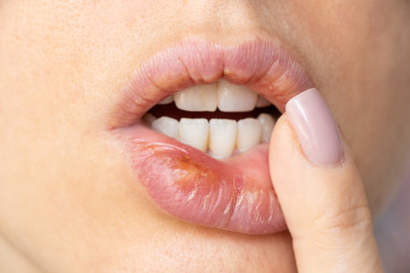 Simplex herpes on the lips of a girl close-up, a group of viral diseases with a characteristic rash of grouped vesicles on the lipの写真素材