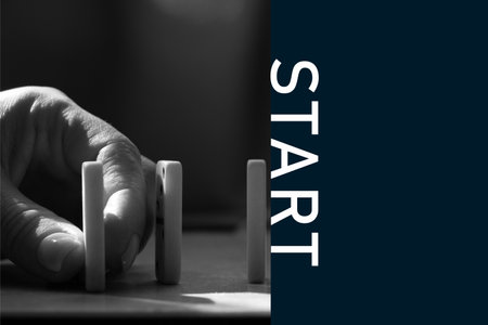 Female hand and dominoes black and white photo and text start on a blue background, banner as a...