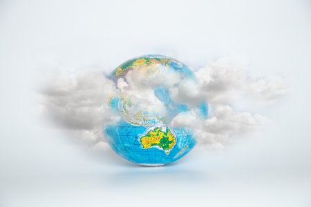 Globe on a white background in the clouds, weatherの写真素材