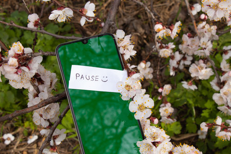 a phone with a green screen and a leaflet with an inscription in English, a pause lies on the branches of a blossoming apricot in a parkの写真素材