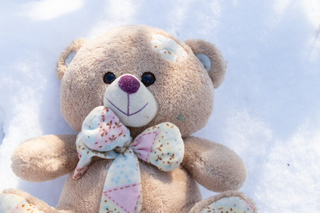 teddy bear lies in the snow on a sunny winterの写真素材