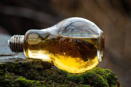 a glass in the form of a light bulb with beer stands on a stone with moss in the autumn in the forestの写真素材