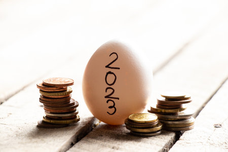 A white chicken egg with the inscription 2023 lies on a wooden table and next to it is a stack of...