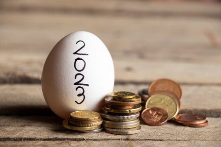 A white chicken egg with the inscription 2023 lies on a wooden table and next to it is a stack of coins, money and financeの写真素材